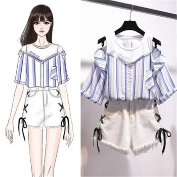 

Runway Summer Streetwear Fashion Girl 2 Pieces Set Sweet Korean Off Shoulder Short Sleeve Shirt + Denim Short Pants Sets