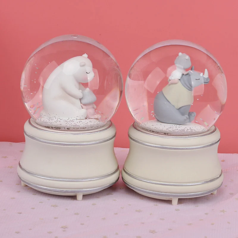 Strongwell Lovely Bear Rhinoceros Globe Crystal Ball Christmas Music Box Christmas Decoration for Home Decoration Birthday Gift