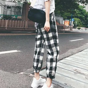 

Black White Plaid Pants Sweatpants Women Side Stripe Trousers Casual loose Cotton Comfortable Elastic Pants #25
