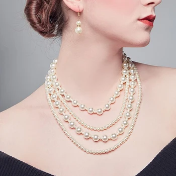 

6-10mm 4Rows white Pearl Necklace earring Fine Bridal Wedding dress accessories high grade Earrings Fashion pearl jewelry
