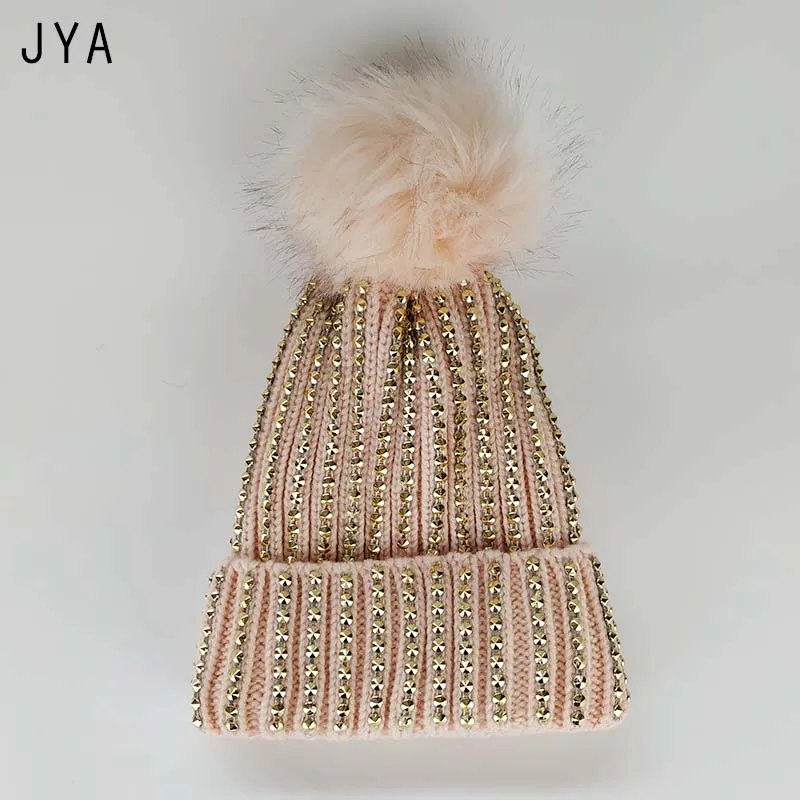 Высококачественные вязаные повседневные шапочки Skullies Beanies для женщин из искусственного меха с помпоном, однотонные осенние модные толстые кашемировые зимние шапки - Цвет: pink