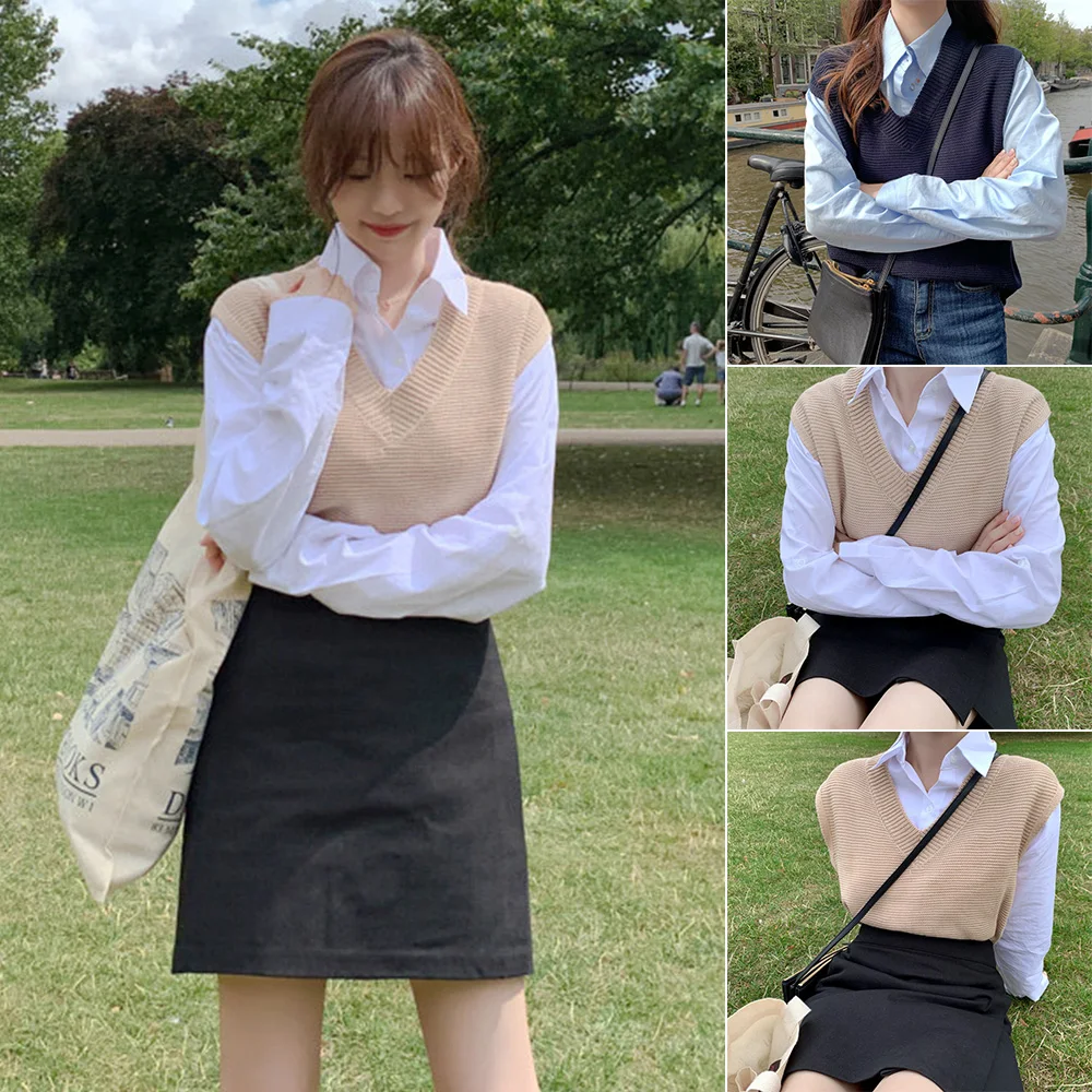 

Knitted Vest Sweater Sleeveless V Neck Solid Color Autumn Winter Girl Lady Warm Fashion