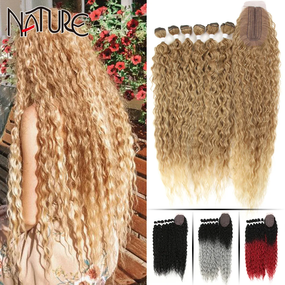 La naturaleza pelo Afro Pelo Rizado mechones extensiones con cierre Ombre oro 30 pulgadas suave súper largo pelo sintético del pelo de la onda