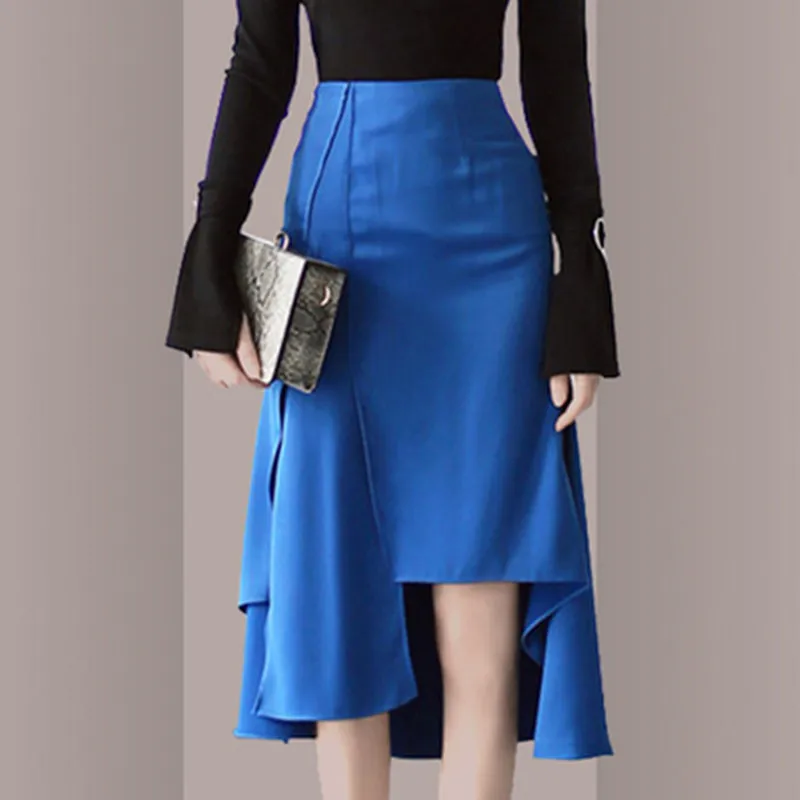 

Designer Fashion Sexy Irregular Split Skirt 2021 Spring Women's Blue High Waist Casual Half Body A-Line Skirt