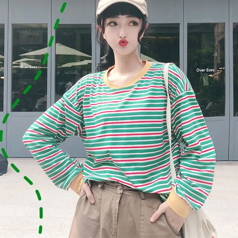 

Women Autumn Long Sleeve T-Shirt Harajuku O-Neck Loose Tops Female Korean Style Rainbow Striped Sweet Casual Harajuku Tshirt
