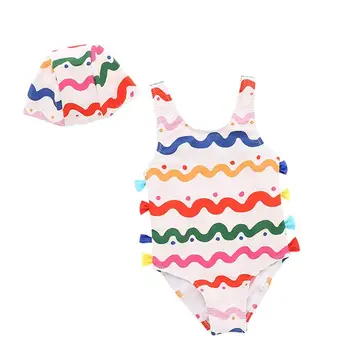 

One Piece Children Swimsuits Summer Baby Girl Wavy Stripes Pattern Beachwear with Hat for Outdoor Beach Swimming (Pink, Size XS)
