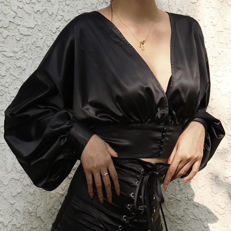 Black Gothic Women Blouse 2021 Autumn Lady Deep-v-neck Sexy Buckle Lantern-long-sleeve Blouse Goth Hipster Cool Short-length Top