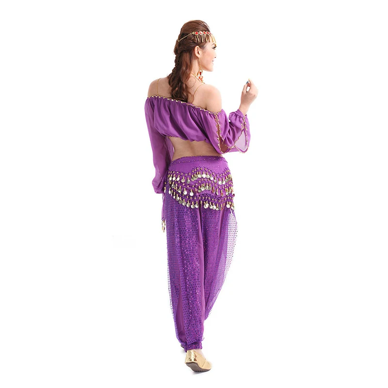 Юбка для танца живота наборы пальто и брюки профессиональный женский костюм для танца живота обертывание блестками пояс монета шифоновая юбка фонарь рукав - Цвет: Purple
