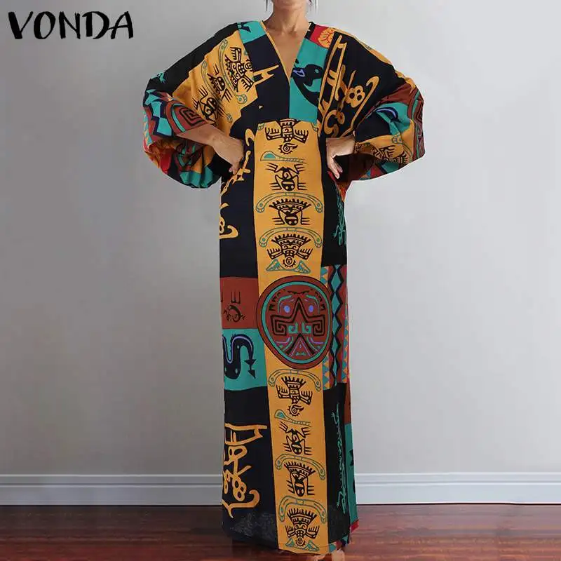 

VONDA Long Maxi Dress Sexy V Neck Long Sleeve Vintage Printed Dresses Spring Autumn Bohemian Vestidos Femme Long Robe S-5XL