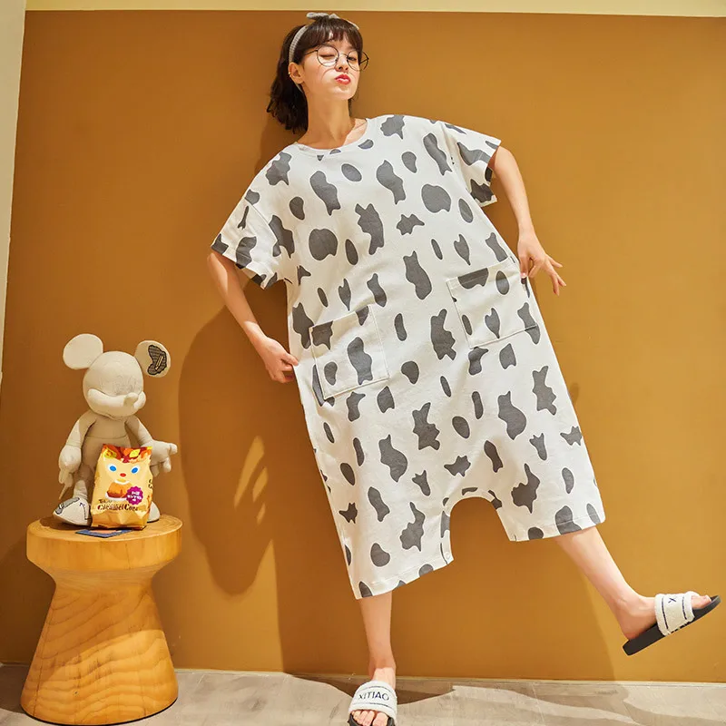 

Jumpsuits Oversize Pajamas Leisure Homewear Women 2021 Cotton Cartoon Print Casual Loose Jumpsuit Nightdress Pijamas Men Pajamas