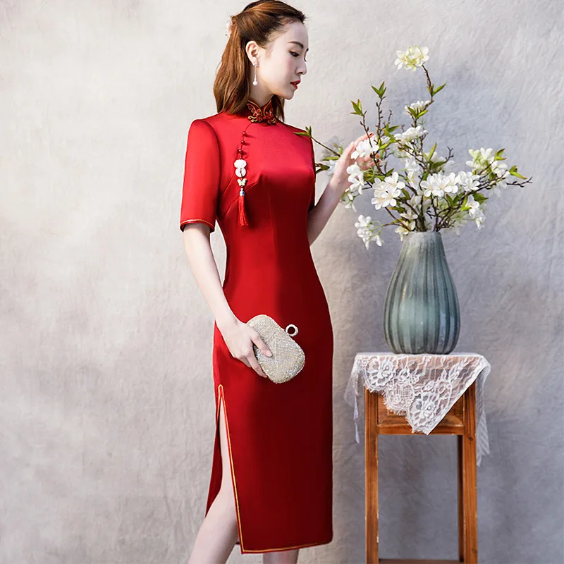 

High-end Heavy Silk Mother Wedding Cheongsam Elegent Women Dresses Bracelet Sleeve Stand Sleeve Red Long Spring Party Dress