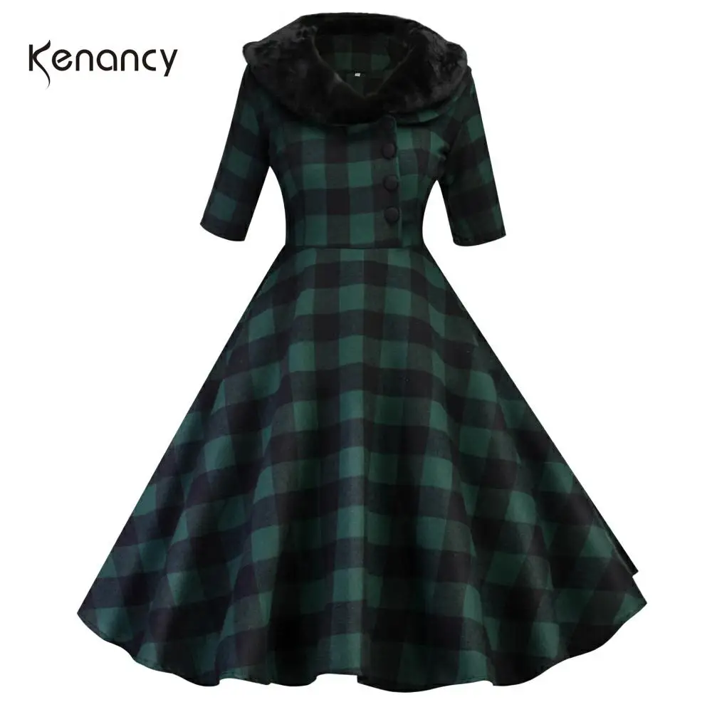 Женское винтажное платье Kenancy теплые вечерние платья в клетку с воротником из