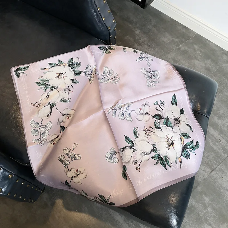  100% Silk Scarf Women Fashion Luxury Flower Print Small Kerchief Scarves Handkerchief for Stylish L
