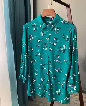 

100%viscose Green Forest Printed Shirt Early Autumn Fresh Small Wild Flower Small Pointed Collar Seven-Sleeve Shirt