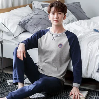 

Pajamas Male Spring and Autumn Long Sleeve Pure Cotton Men Greenish Blue Middle-Aged Autumn & Winter Large Size Crew Neck Sports