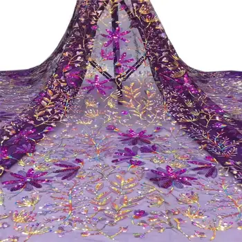 

African Tulle Lace Fabric High Quality French Nigerian With Sequins Mesh voile Lace Fabrics Rose 5 yards For Wedding Red A964