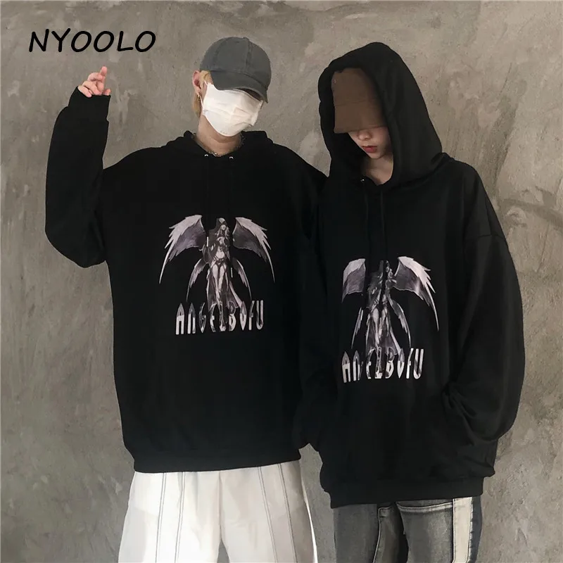 NYOOLO Harajuku уличная аниме Крылья Девушка толстовки с надписью Осень Свободный длинный рукав с капюшоном Пуловеры Толстовка для женщин и мужчин
