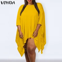 

Plus Size Women Dress VONDA 2021 Autumn 3/4 Sleeve Asymmetric Hem Baggy Dresses Irregular Vestidos Loose Beach Sundress 5XL Robe