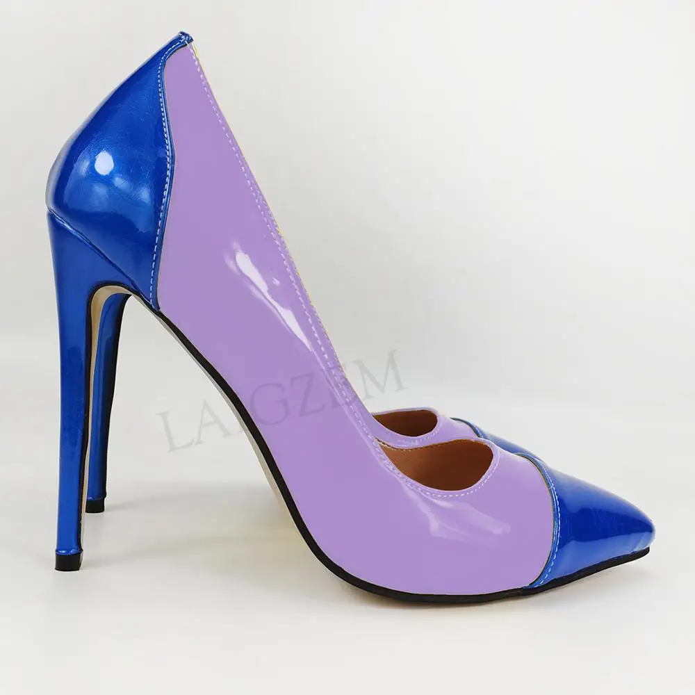 Blue-Purple LAIGZEM/цветные женские туфли-лодочки на каблуке, 4 сезона классические модельные туфли из лакированной кожи на шпильке без застежки Tacones Zapatos; большие размеры 38, 45, 47 - Цвет: Blue-Purple