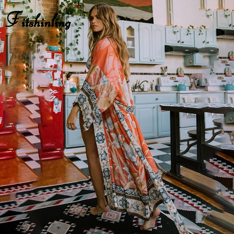 

Fitshinling Oversize Beach Cover Up Kimono Vintage Print Floral Holiday Bikini Outing Boho Loose Long Cardigan 2020 Orange Coat