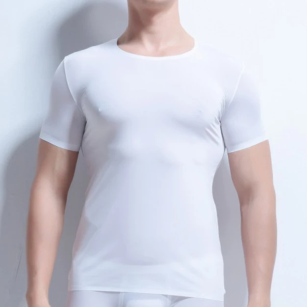 Мужская майка ультра-тонкий ледяной шелк короткий рукав футболки Бодибилдинг мужские топы тройник стрейч спортивный костюм бесшовный топ плюс размер - Цвет: Белый