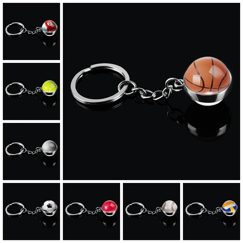#*Cheap Fashion Glass Ball Keychain Basketball Baseball Football Volleyball Tennis Rugby Softball Picture Glass Pendant Metal Keyring