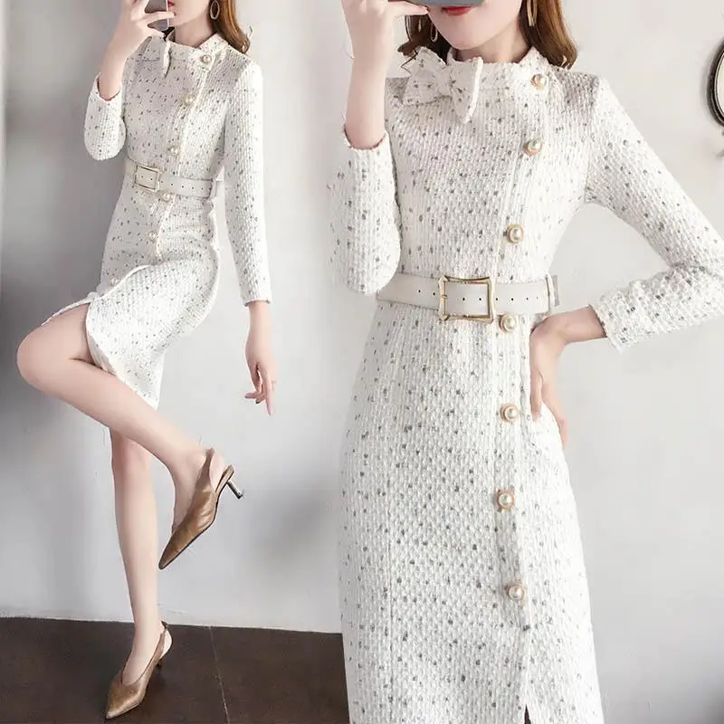 Fall Fashion Wool Dress Long Fashion French Style White Belt Dresses High Quality Luxury Spring Dress 70% cotton 30% polyester