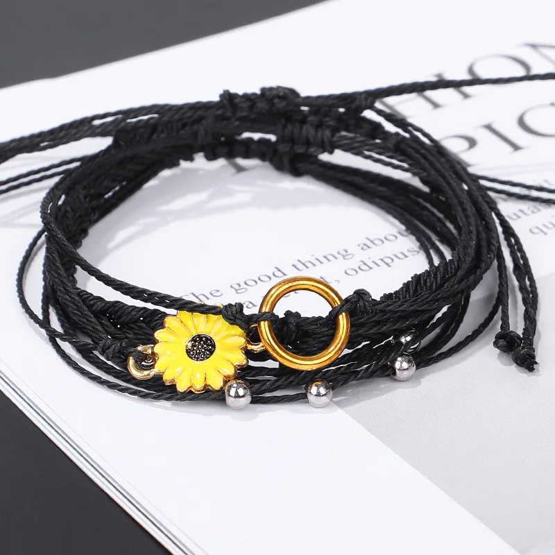 Meetvii New Sunflower Waterproof Wax String Bracelets Set Handmade Braided Rope Charms Boho Surfer Bracelets for Girl Women - Image 5