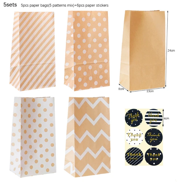 5 Juegos de bolsas de papel Kraft en blanco a rayas de lunares, bolsa de  recuerdo de fiesta de cumpleaños de boda, bolsas de embalaje de regalo DIY  con pegatina de agradecimiento|Envoltorios