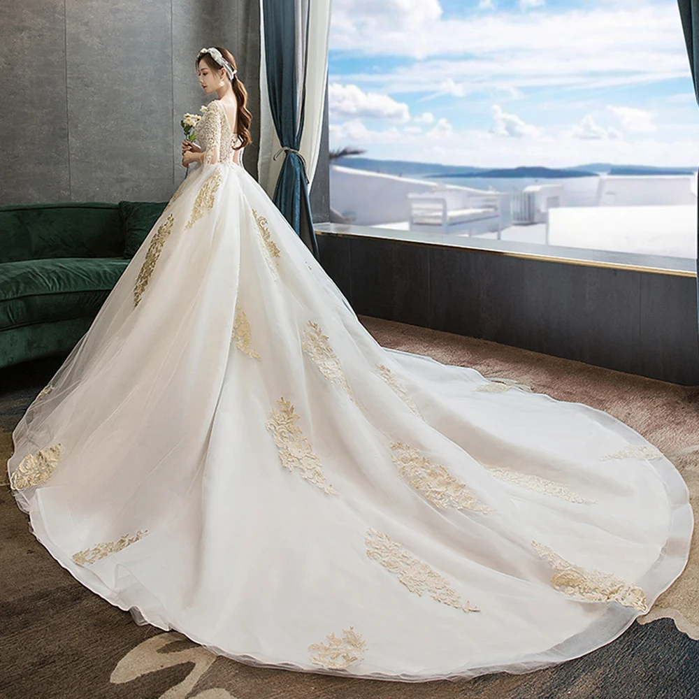 На заказ бальное платье принцессы свадебное платье Vestido De Noiva Princesa с v-образным вырезом на шнуровке Золотое вечернее платье с вышивкой бисером элегантное