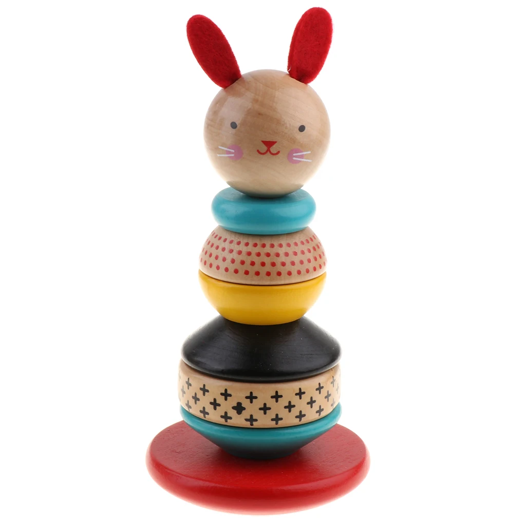 Wooden Blocks Toy for Kids Babies, Rainbow Tower Rabbit Tumbler Doll Roly-poly Baby Toy