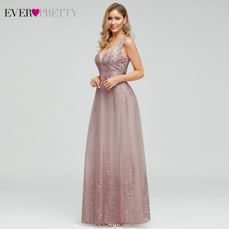 Сексуальные розовые вечерние платья Ever Pretty А-силуэта с глубоким v-образным вырезом без рукавов из тюля с цветочной вышивкой длинные вечерние платья Vestido Largo Noche