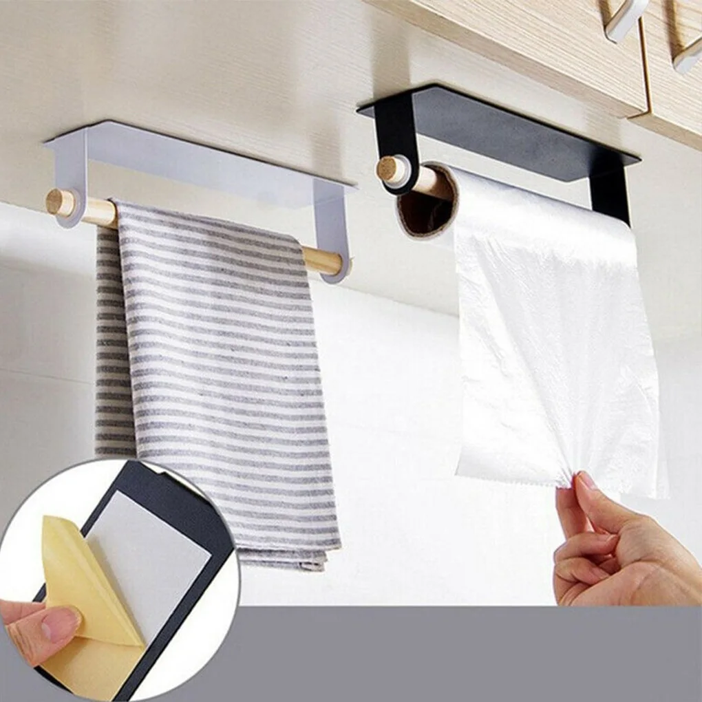

Punch Free Self-adhesive Roll Paper Holder Towel Wooden Storage Rack Hanging Shelf For Kitchen Bathroom Hardware Paper Holders