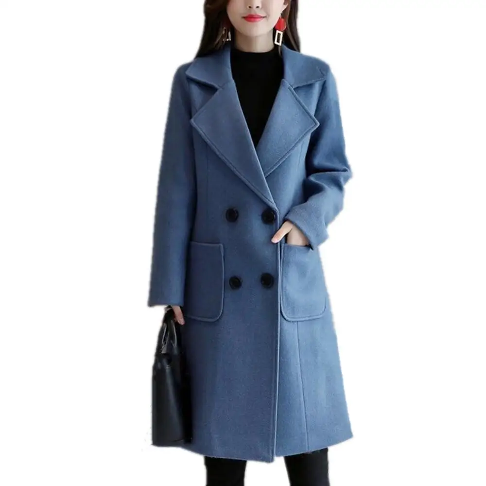 

Women Fashion Winter Autumn Coat Women Double Breasted Coats Wool Jackets Blue Black Blend Woolen Coat Outerwear