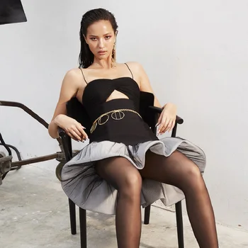 

2020 Fashion Nova Women Summer Chic Color Block Ruffles Draped Design Spaghetti Strap Celebrity Party Club Bandage Mini Dress