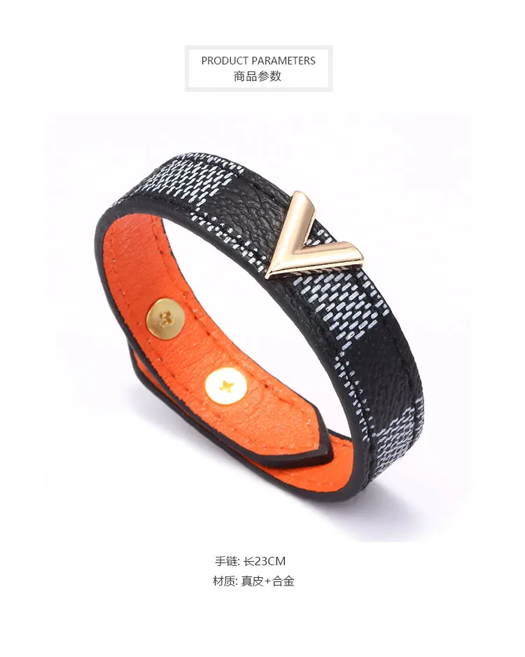 Hot Sale Grid Genuine Leather Bracelet Bangle Gold V shaped Metal Decoration Men Women Classic Charm Jewelry Gifts