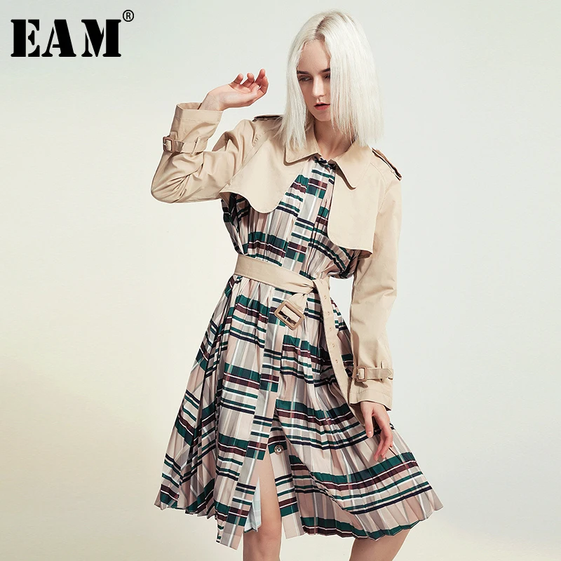 

[EAM] Women Belt Pleated Hit Color Trench New Lapel Long Sleeve Loose Fit Windbreaker Fashion Tide Autumn Winter 2019 1B096