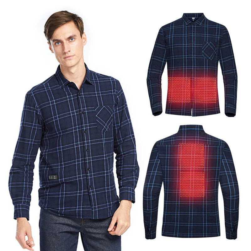 

USB Electric Charging Heating Plaid Shirt Plus Velvet Long Sleeve T-shirts Hiking Camping Intelligent Temperature Control Shirt