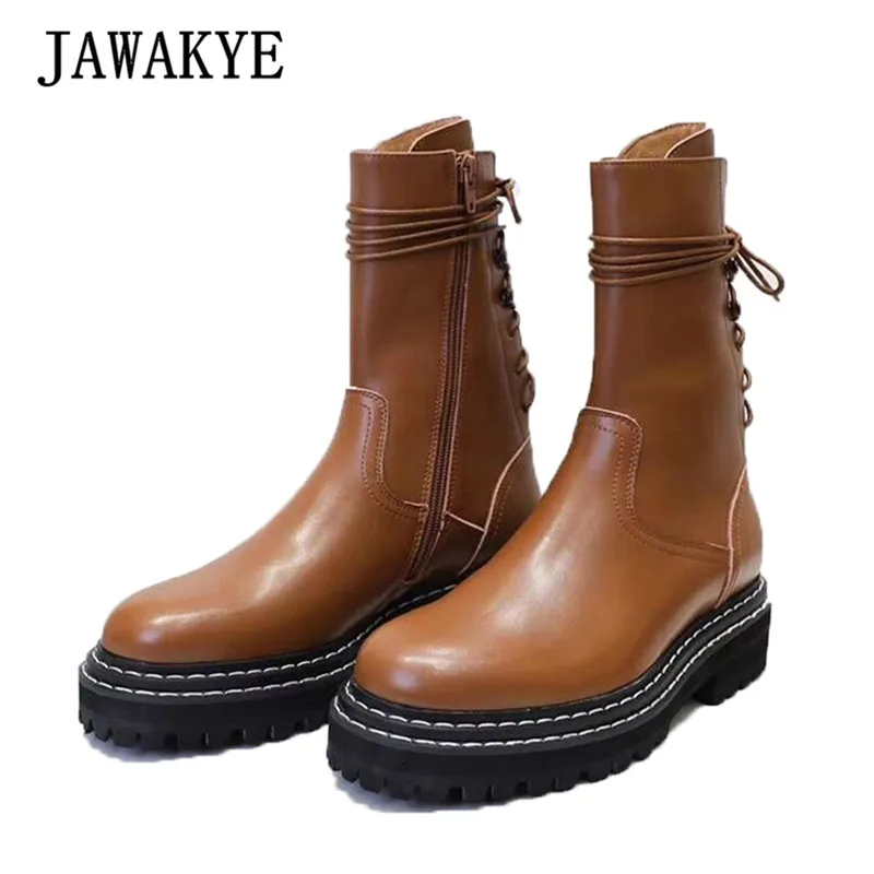 JAWAKYE/Лидер продаж; Ботинки martin из натуральной кожи на шнуровке; женские полусапожки с круглым носком на толстой подошве; коричнево-черная кожа; мотоботы; женские ботинки; botas mujer invierno