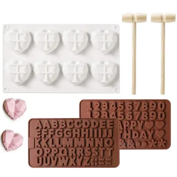 

1pcs Silicone 3D 8 Holes Diamond Heart Molds 2pcs Letter Number Chocolate Mold 2pcs Wooden Hammers For Mousse Decoration Symbols
