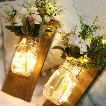 

2PCS Hanging Glass Mason Jars Fairy Lights Wall Hanging Plastic Flower Home Lighting Battery Operated Decorative String Lights