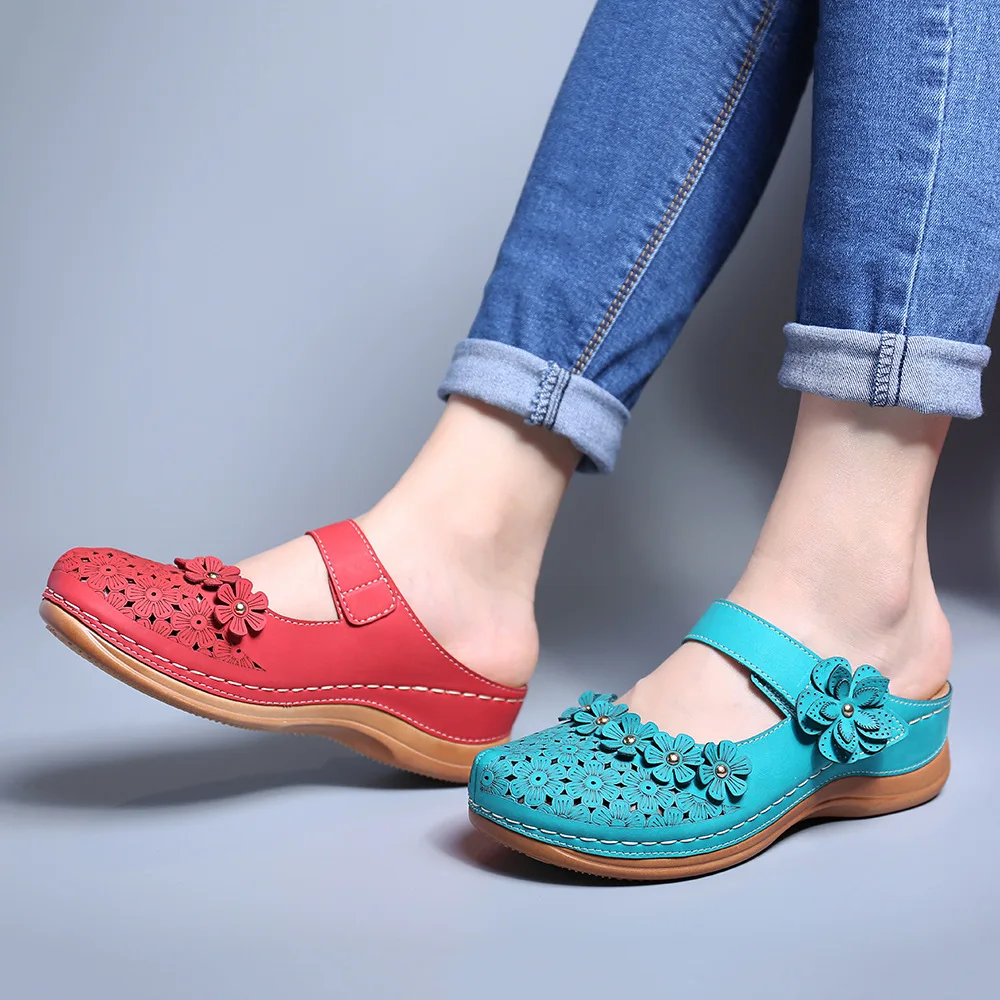 

HEFLASHOR Women Sandals 2020 Summer Handmade Ladies Shoe Leather Floral Sandals Women Flats Retro Style Mother Shoes Size 36-46
