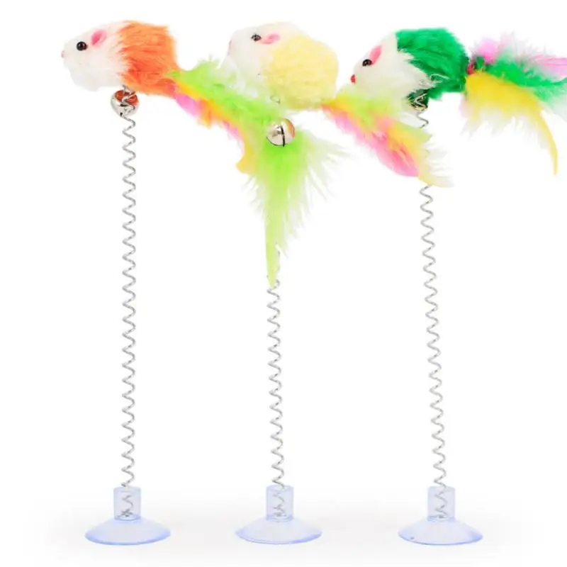 1PC Spring Pet Toy Elastic Spring Color Mouse And Feather Bottom Sucker Pet Cat Toy Product Cat Accessories Decoration Random 