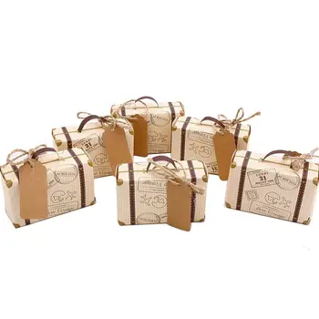 

Promotion! 50pcs Mini Suitcase Favor Box Party Favor Candy Box, Vintage Kraft Paper with Tags and rope for Wedding/Travel Themed