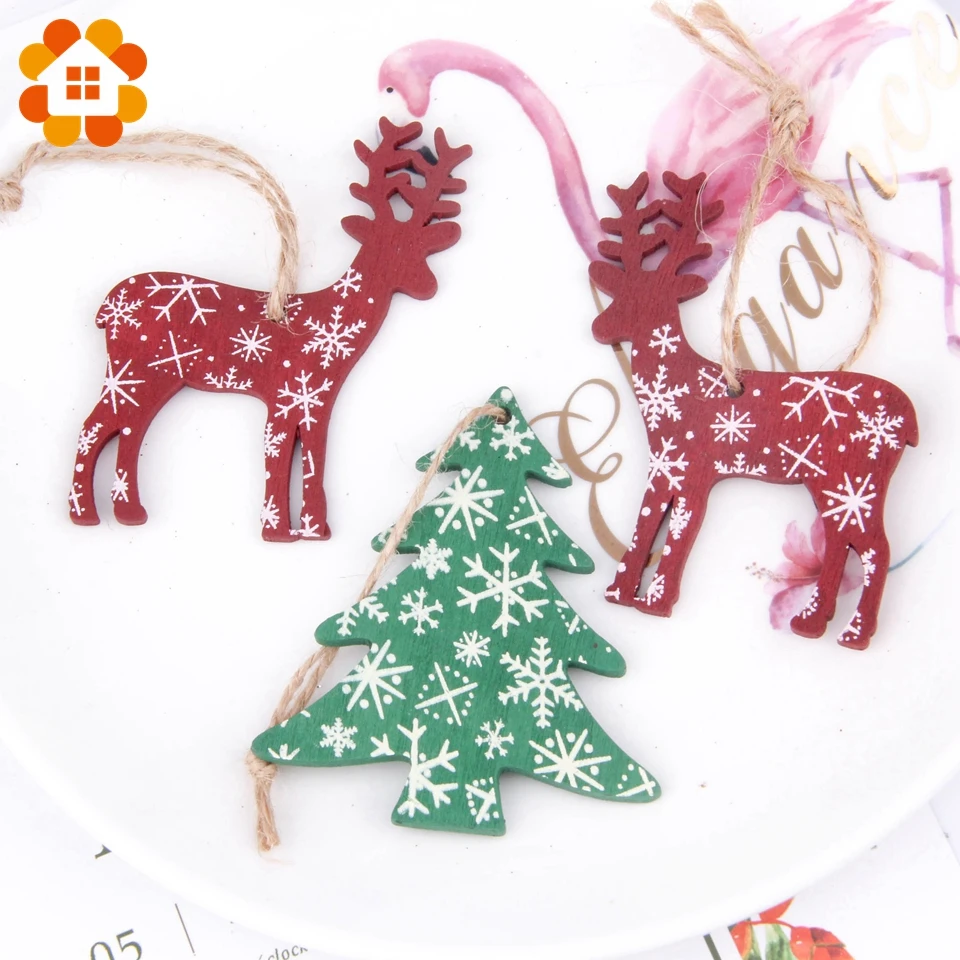 

6PCS/lot Single Snowflake Printed Wooden Deer Tree Pendants Christmas Decorations Wood Material Red Green Ornaments DIY Decor