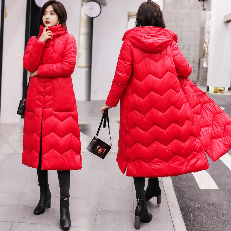 

New Style Chinese-style Frog Retro Literature And Art Mid-length Long over-the-Knee Loose-Fit Nation Women's Warm Cotton Coat Wi