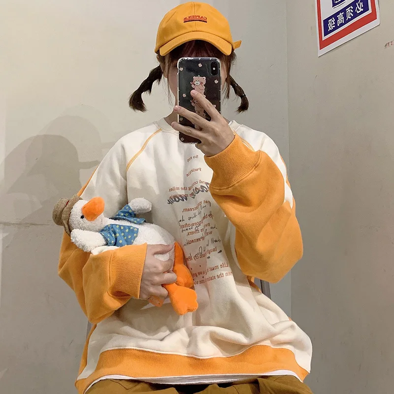 No Hat Hoodies Women Patchwork Long Sleeve Warm Letters Students O-neck Harajuku Street Wear Korean Style Womens New-coming Chic