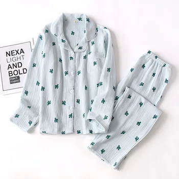 

2PCS Pajamas Suit Women's Cotton Gauze Pijamas Sleepwear Cute Printed Lovely Home Clothes Loose Casual Long Sleeves Tops& Pants