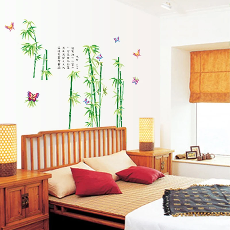 DIY Green Bamboo Butterfly Wall Stickers Vinyl Plants Pattern Decal Home Decor Wallpaper for Living Room Bedroom Room Decoration