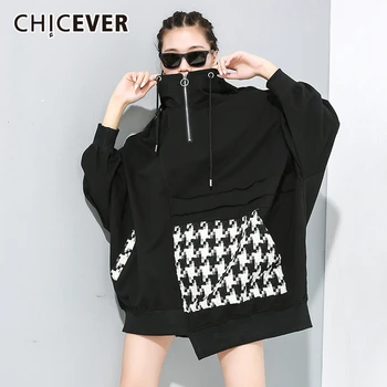 

CHICEVER Patchwork Hit Color Female Hoodies Hooded Collar Long Sleeve Oversize Asymmetric Batwing Sweatshirt Women Clothes 2020